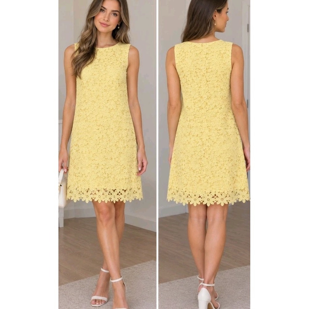 Lauren Ralph Lauren Women Yellow Floral Lace Sheath Cocktail Party Dress Size 8